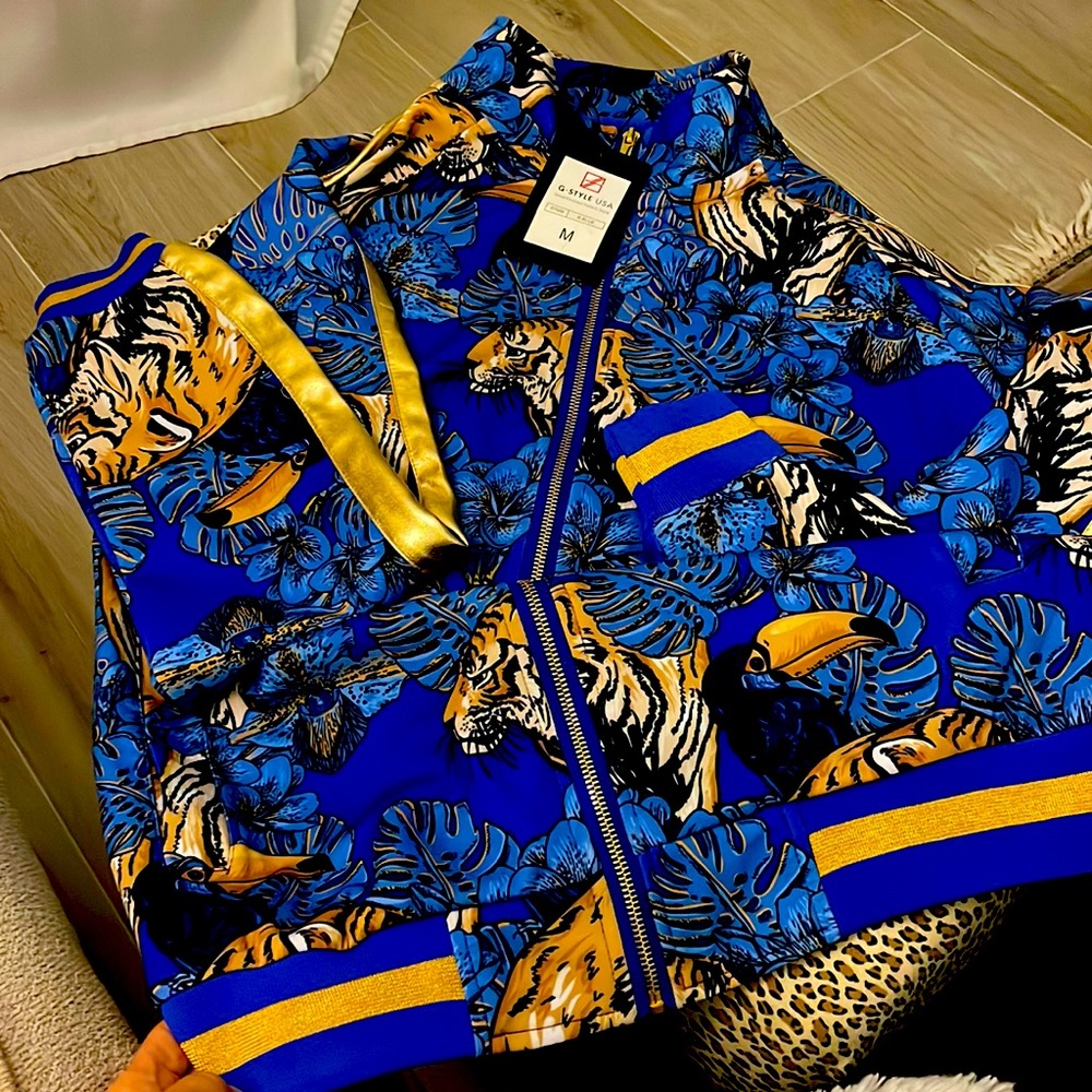 G-Style USA Men's Side Stripe Blue Tiger Zipper Jacket & pants Tracksuit